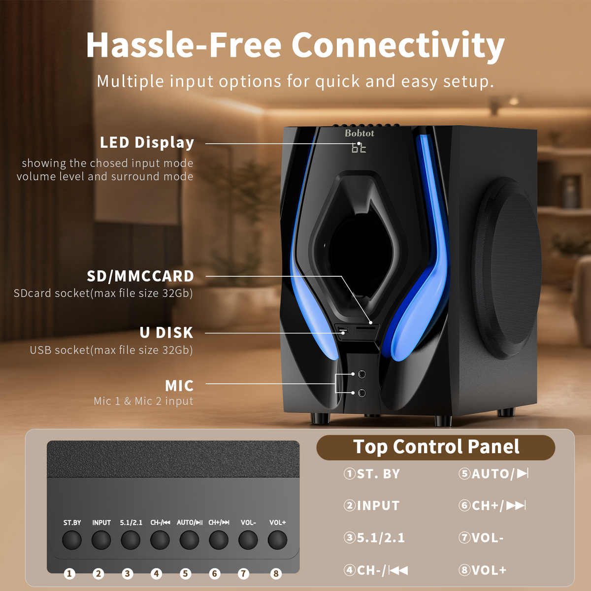 5.1 Home Theater Systems Surround Sound Speakers 1200 Watts 10 inch Subwoofer 5.1/2.1 Channel Audio Stereo System with ARC Optical & USB Input for TV Ultra HD AV DVD FM Radio