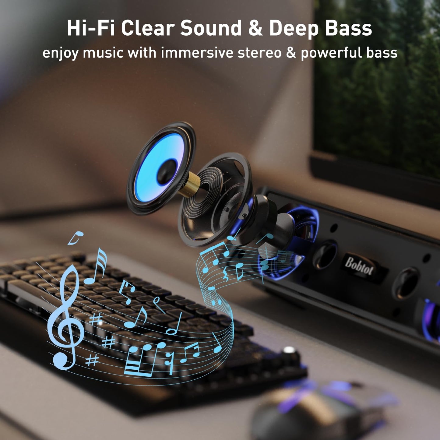 A8 HiFi Stereo Audio RGB Mini Sound Bar External Speaker with Bluetooth AUX-in Wired USB Powered Volume Control for PC Laptop Tablets Monitor