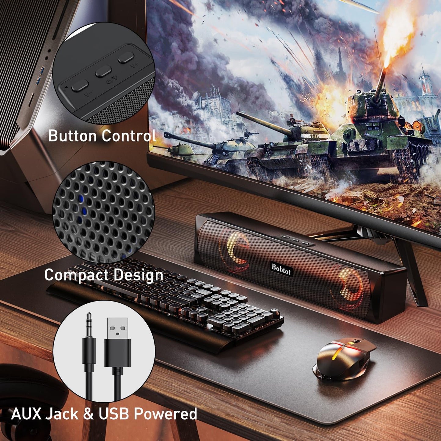 A8 HiFi Stereo Audio RGB Mini Sound Bar External Speaker with Bluetooth AUX-in Wired USB Powered Volume Control for PC Laptop Tablets Monitor