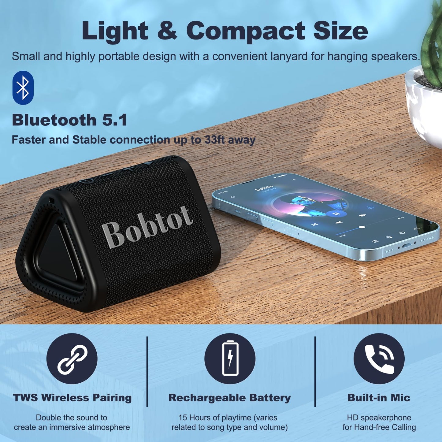 Bobtot Bluetooth Speaker Portable Wireless Speaker IPX7 Waterproof Stereo Sound Speaker