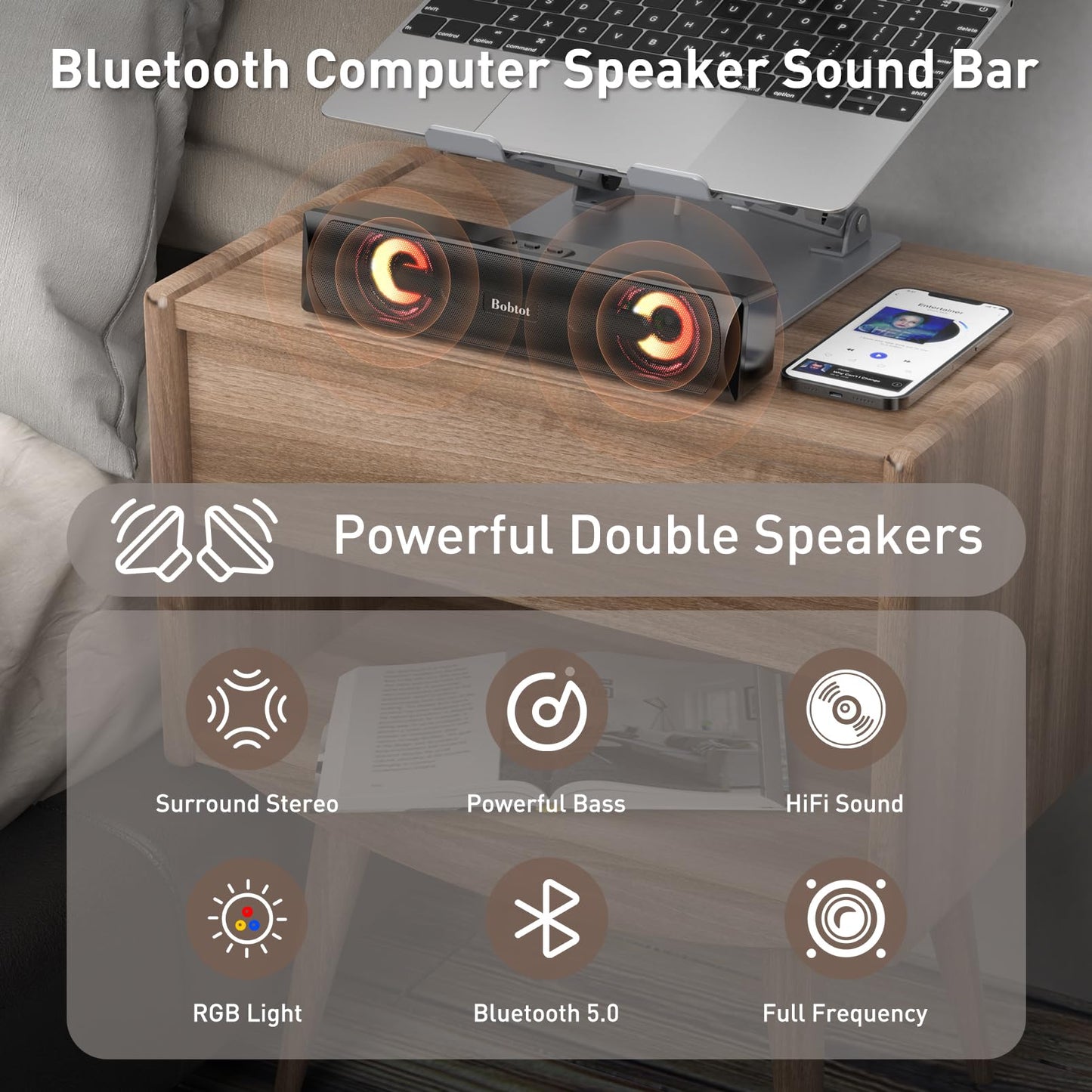 A8 HiFi Stereo Audio RGB Mini Sound Bar External Speaker with Bluetooth AUX-in Wired USB Powered Volume Control for PC Laptop Tablets Monitor